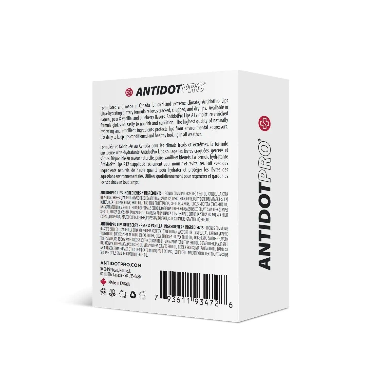 AntidotPro Lips variety product packaging, highlighting hydration and healing benefits for dry and irritated lips.