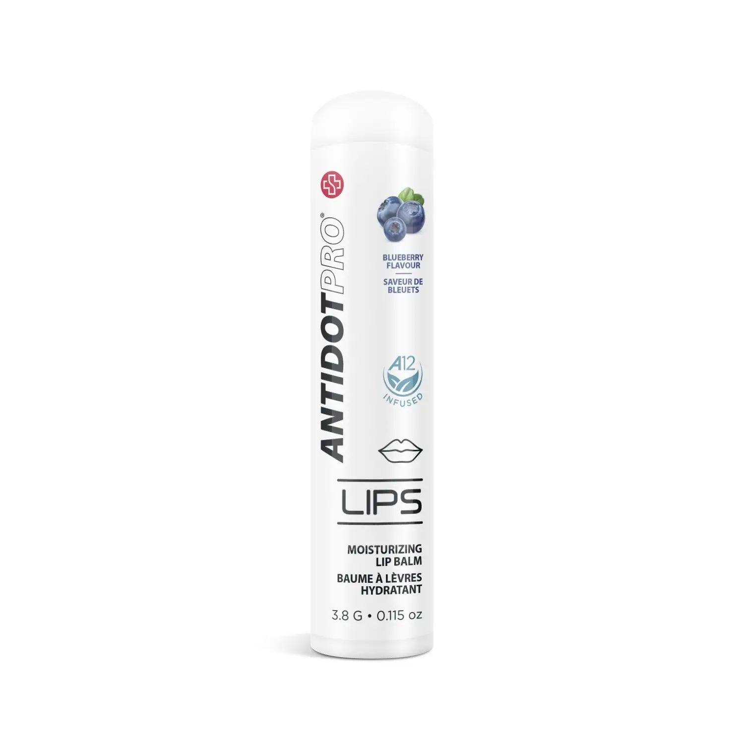 AntidotPro moisturizing lip balm with blueberry flavor, 3.8g tube for hydration and protection against lip irritations.