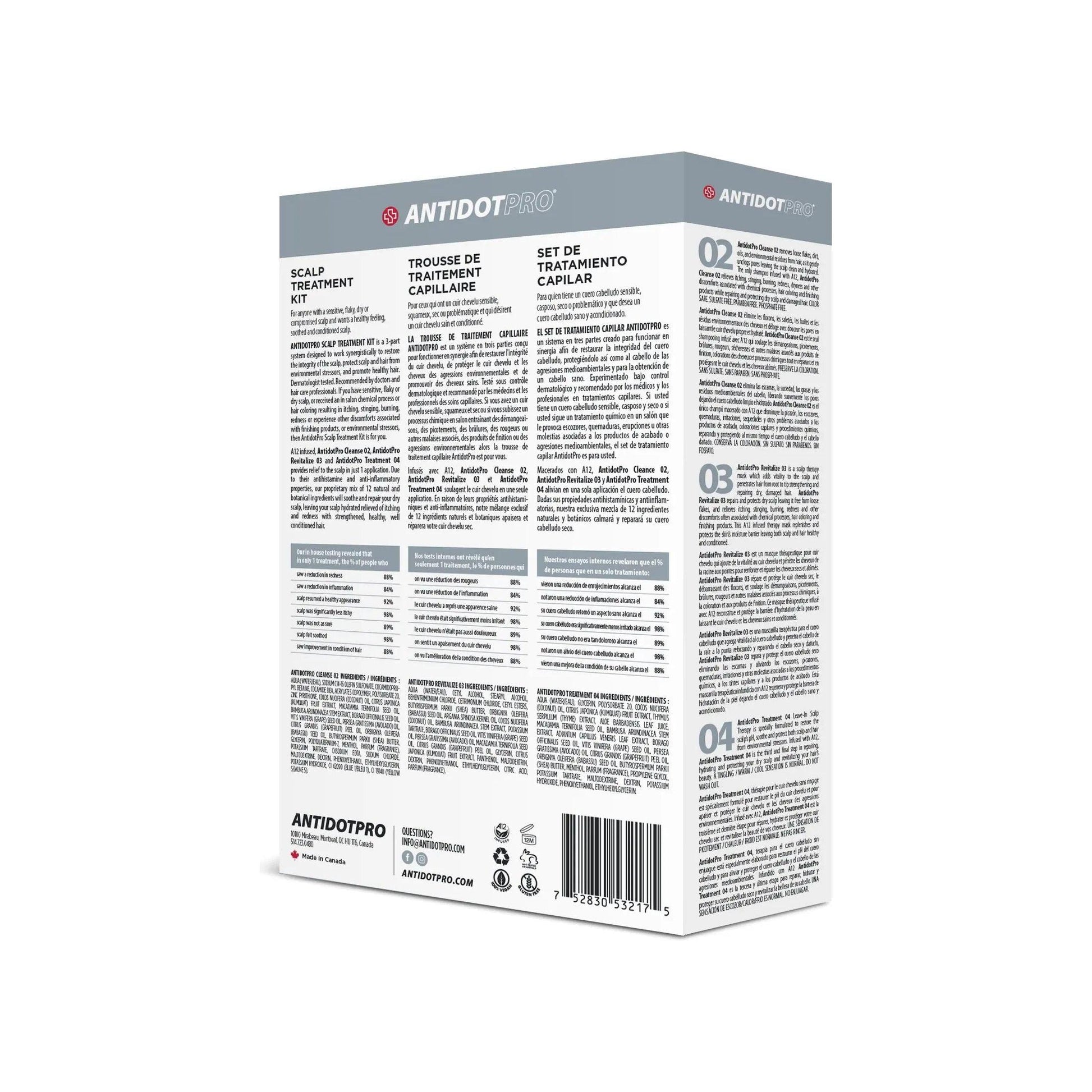 AntidotPro Scalp Treatment Kit packaging with product details and instructions for the 3-step treatment system.