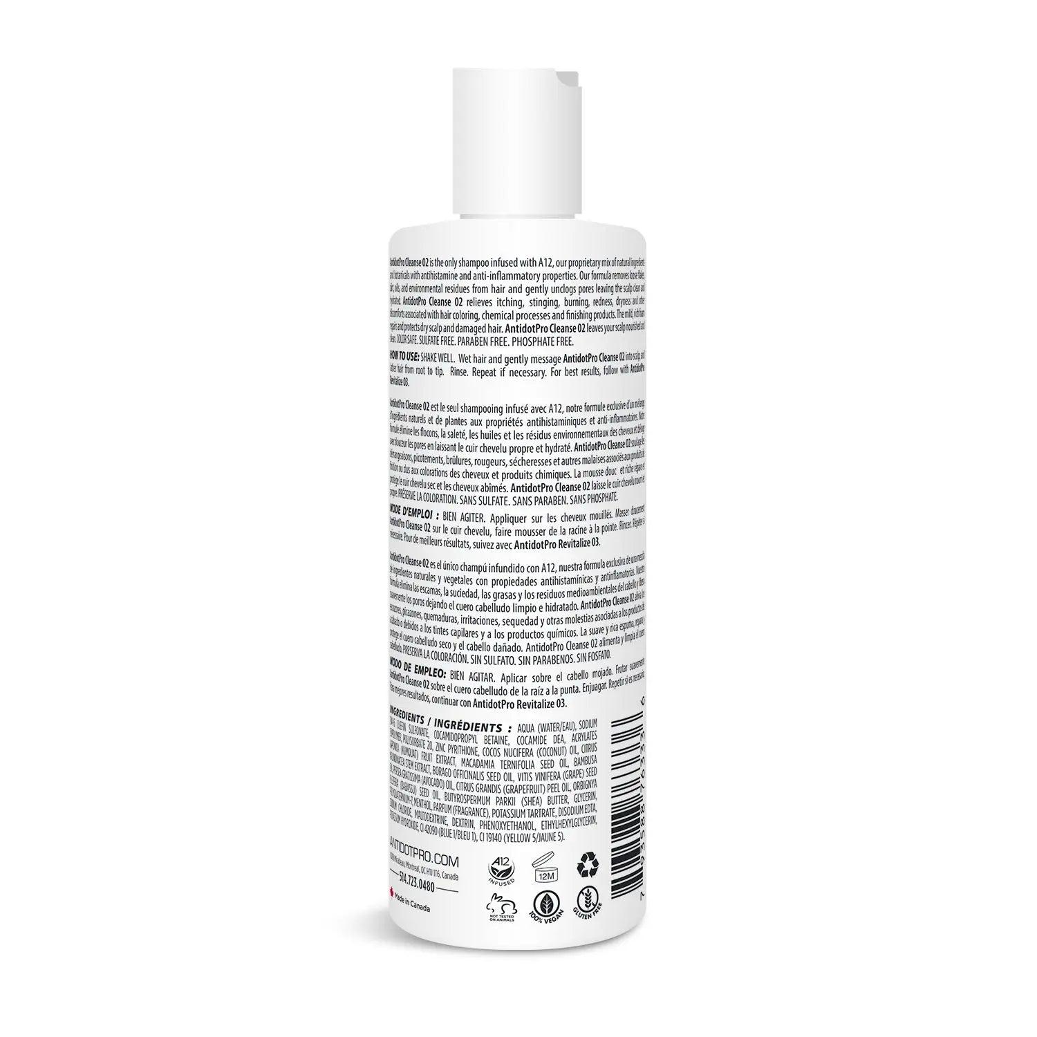 AntidotPro 02 Cleanse 240ml shampoo bottle back view with ingredient details and usage instructions.