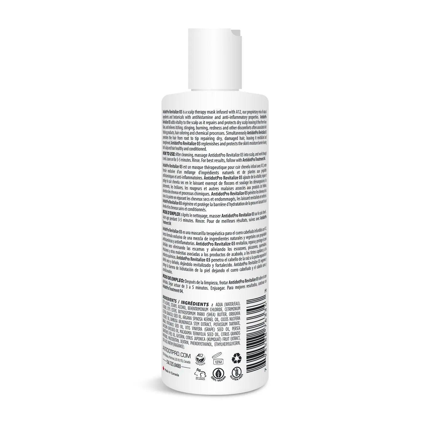 AntidotPro Scalp Treatment Kit 240ML bottle back view with ingredient details and usage instructions.