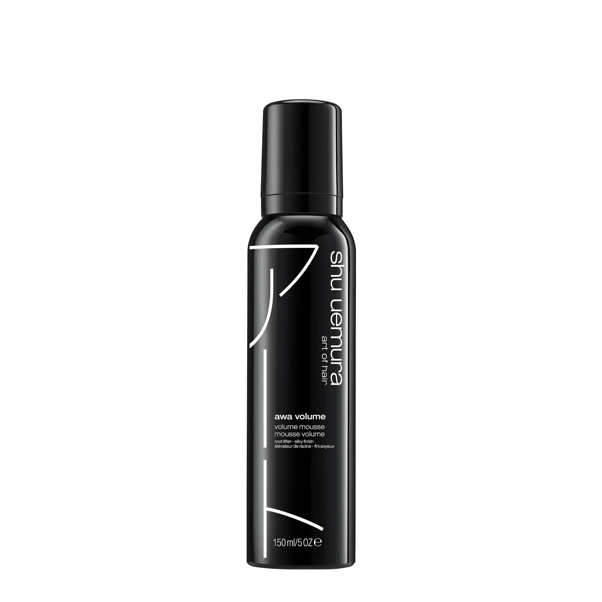 Shu Uemura Awa Volume hair mousse in a sleek black bottle for voluminous styling, suitable for all hair types.