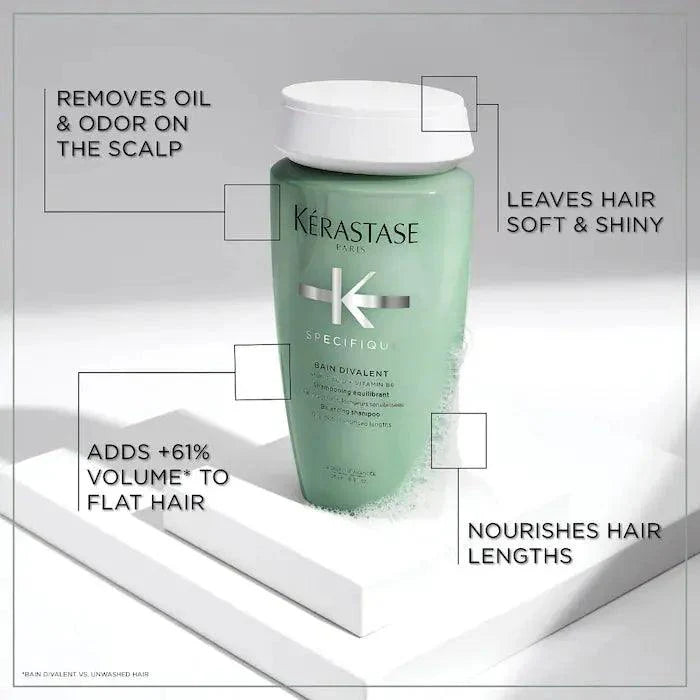 Kérastase Specifique Bain Divalent shampoo bottle for oily scalp, adds volume, leaves hair soft and shiny, nourishes hair lengths