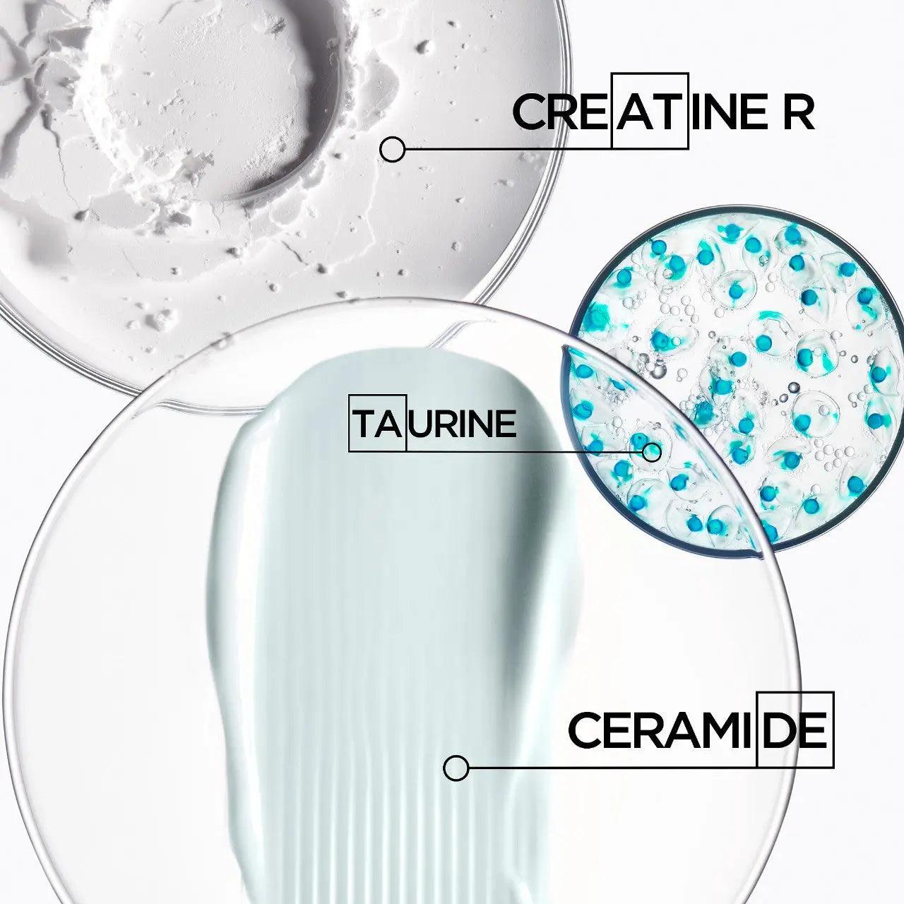 Close-up of skincare ingredients Creatine, Taurine, and Ceramide with textures in petri dishes for facial cream formulation.