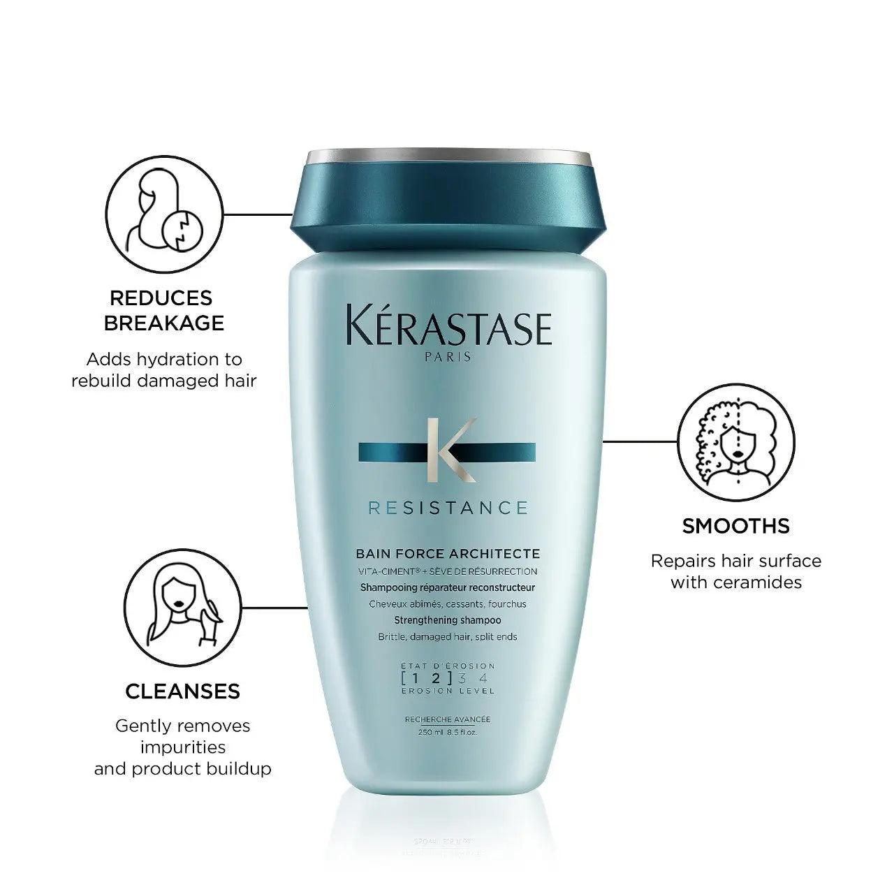 Kérastase Resistance Bain Force Architecte Shampoo bottle with benefits including reducing breakage, smoothing, and cleansing hair.