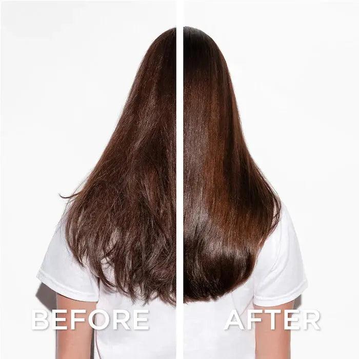 Before and after hair treatment comparison showing smoother, shinier, and healthier hair results.