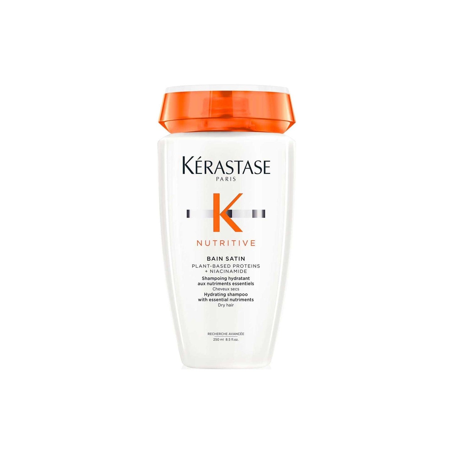 Kérastase Bain Satin moisturizing shampoo for dry hair, enriched with plant-based proteins for nourishment and shine.