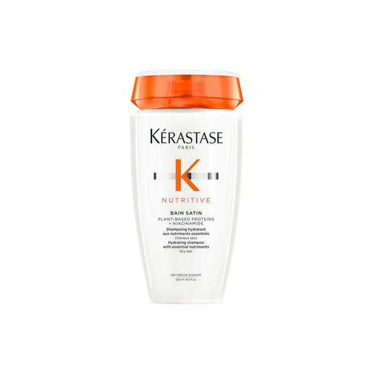 Kérastase Bain Satin moisturizing shampoo for dry hair, enriched with plant-based proteins for nourishment and shine.