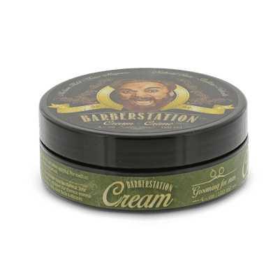 Barberstation Cream product in a green container for medium hold and natural shine, ideal for textured and curly hair.