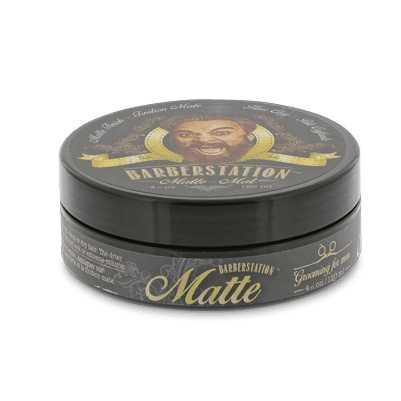 Barberstation Matte styling product in a round container, strong water-based formula for textured hairstyles.