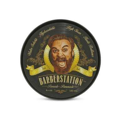 Barberstation Pomade jar featuring a vintage design and bold branding for medium hold and shine.