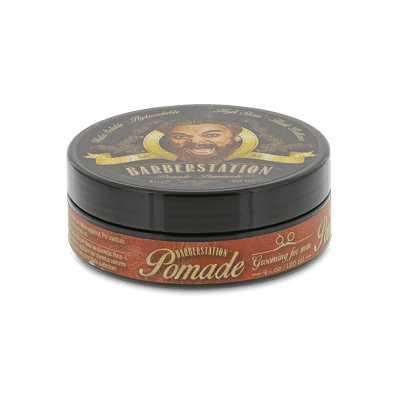 Barberstation Pomade jar with medium firm hold, shine, and fresh scent for classic hairstyles like pompadour.