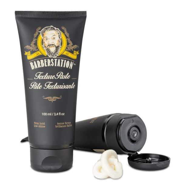 Barberstation Texture Paste tube and cap, showcasing firm yet flexible hair styling product for textured hairstyles.