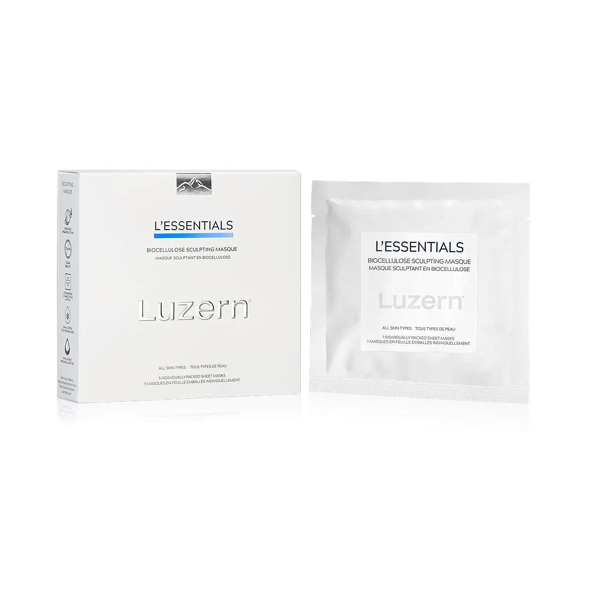 Bio-Cellulose Sculpting Masque by Luzern in packaging with individual sheet mask, promoting hydration and skin rejuvenation.