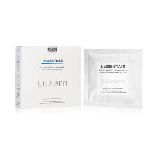 Bio-Cellulose Sculpting Masque by Luzern in packaging with individual sheet mask, promoting hydration and skin rejuvenation.
