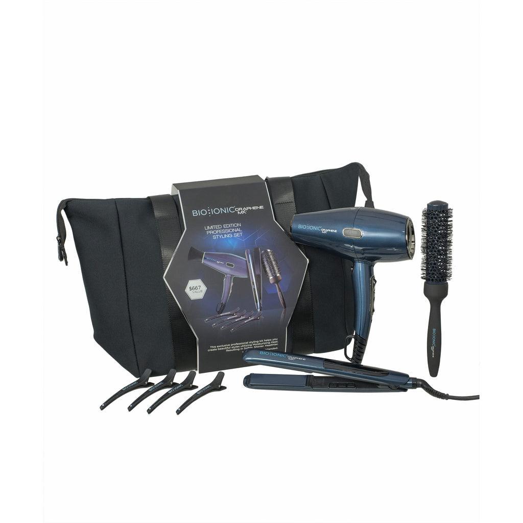 Bio Onic Graphene MX Professional Stylist Set with dryer, flat iron, brush, clips, and neoprene bag for perfect hair styling.