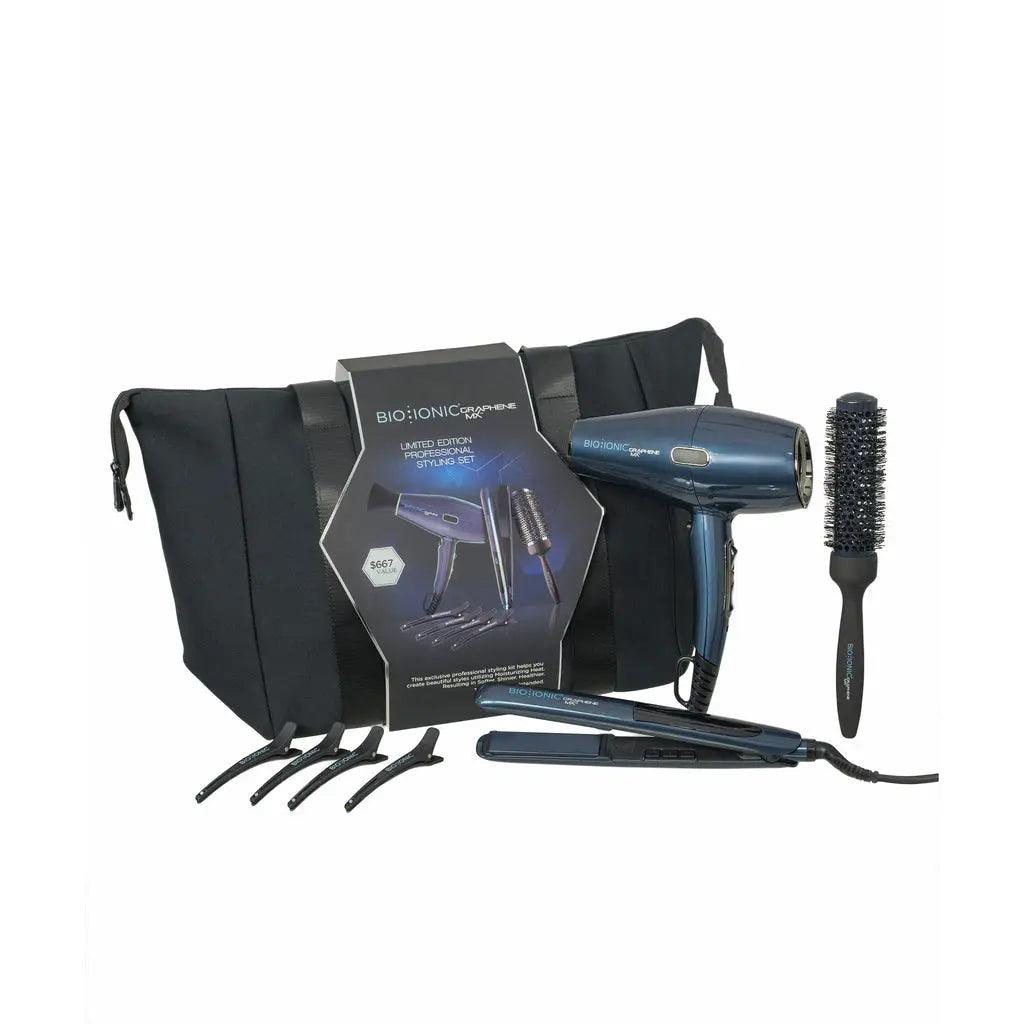 Bio Ionic Graphene MX professional stylist set including hair dryer, flat iron, round brush, sectioning clips in black bag.