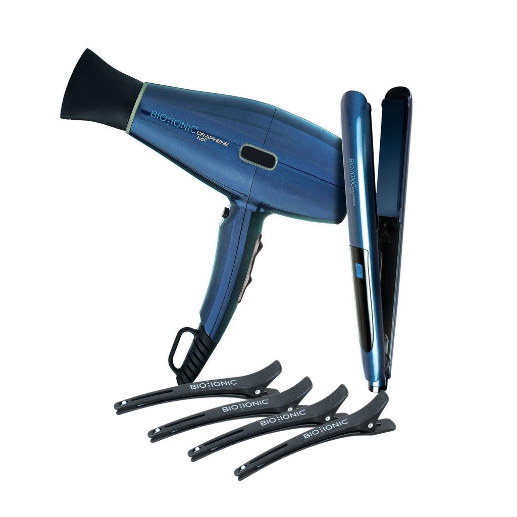Bio Ionic Graphene MX professional styling set featuring hair dryer, flat iron, and sectioning clips in sleek blue design.