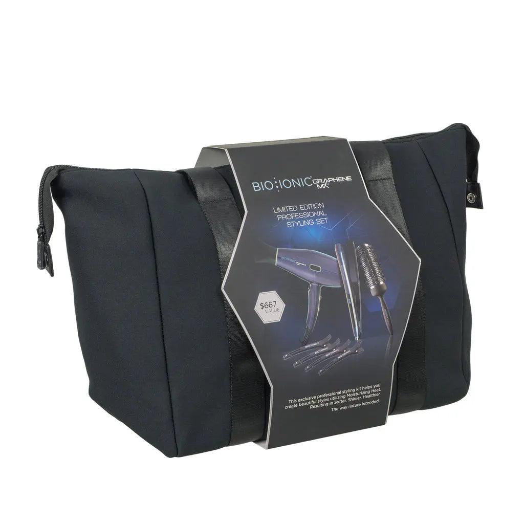 Bio Ionic Graphene MX professional stylist set in a black neoprene bag featuring a hair dryer and flat iron.