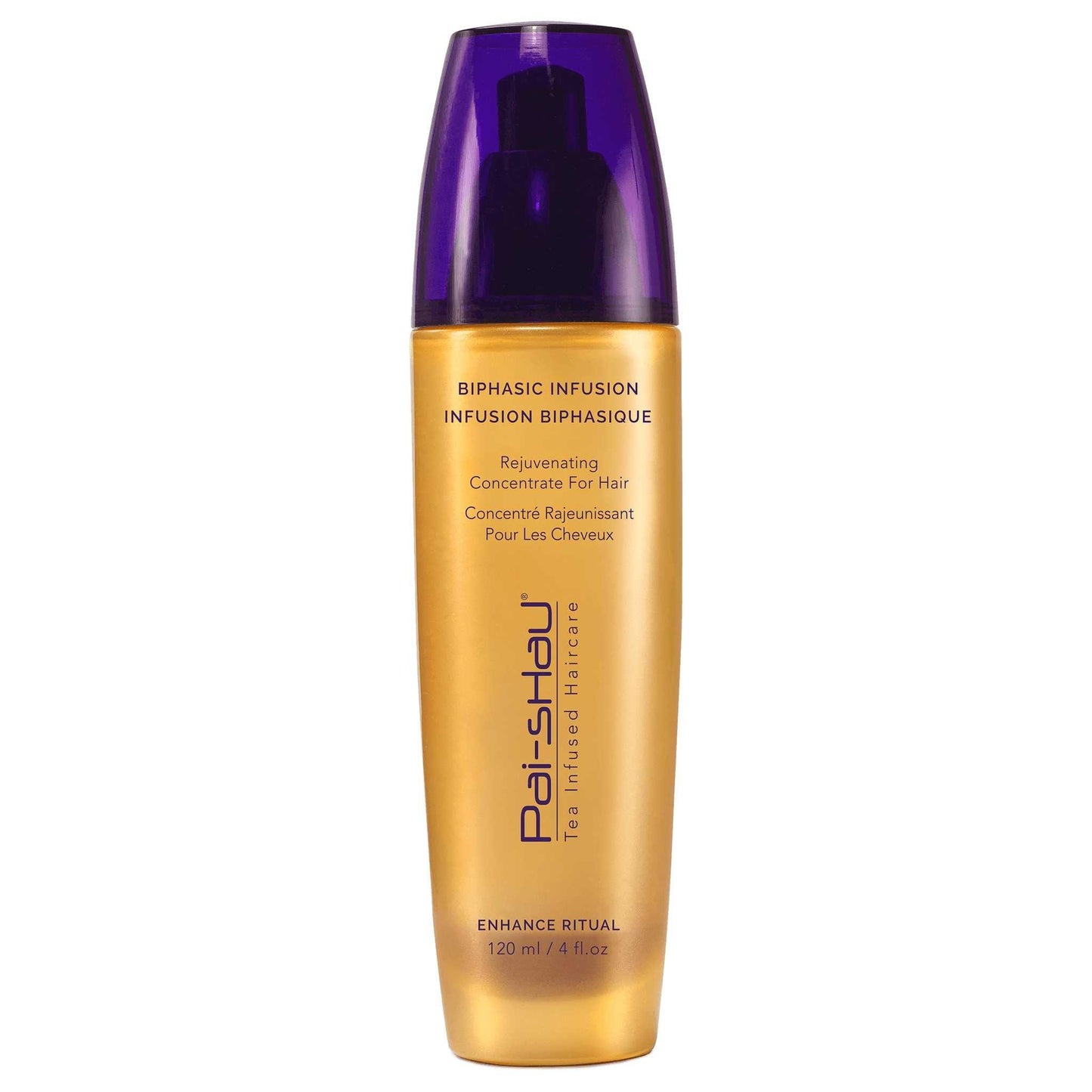 Biphasic Infusion hair rejuvenating concentrate in a sleek golden bottle for daily hair nourishment and protection.