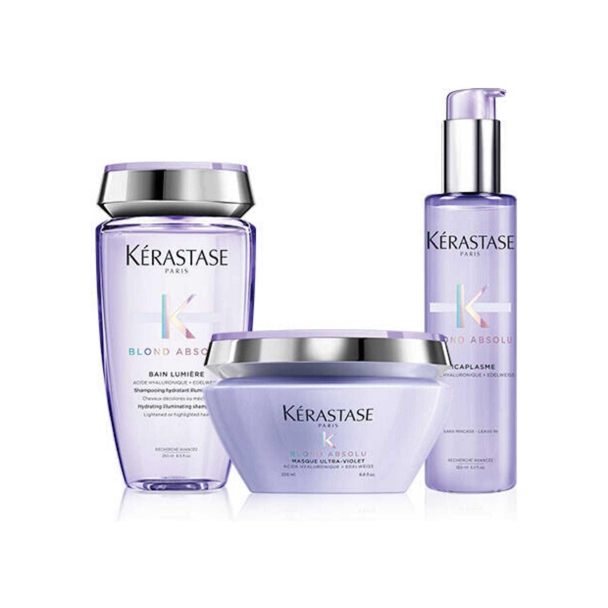 Kérastase Blond Absolu hair care products set including shampoo, conditioner, and treatment serum for blonde hair care and repair