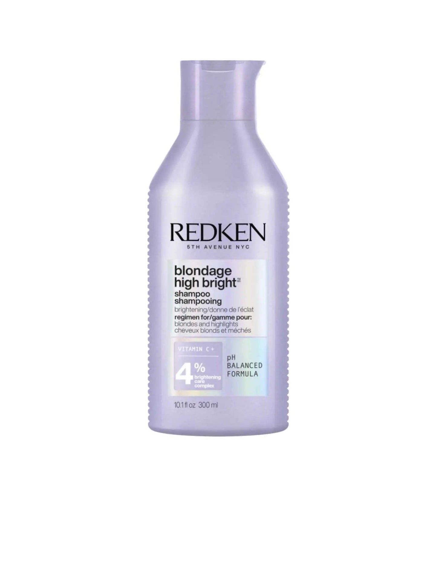 Redken Blondage High Bright Shampoo bottle for enhancing blonde vibrancy and neutralizing brassy tones. 300ml.