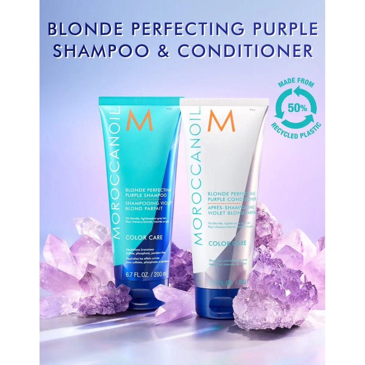 Moroccanoil Blonde Perfecting Purple Shampoo and Conditioner on a crystal background, promoting color care and sustainability.