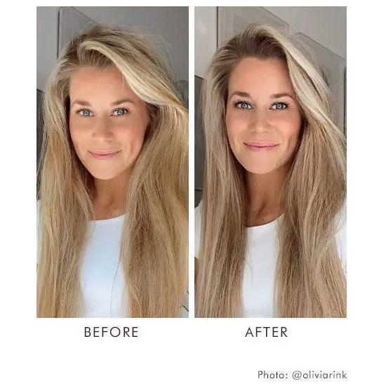 Before and after results of using Moroccanoil Blonde Perfecting Purple Shampoo, showcasing vibrant, brass-free blonde hair.