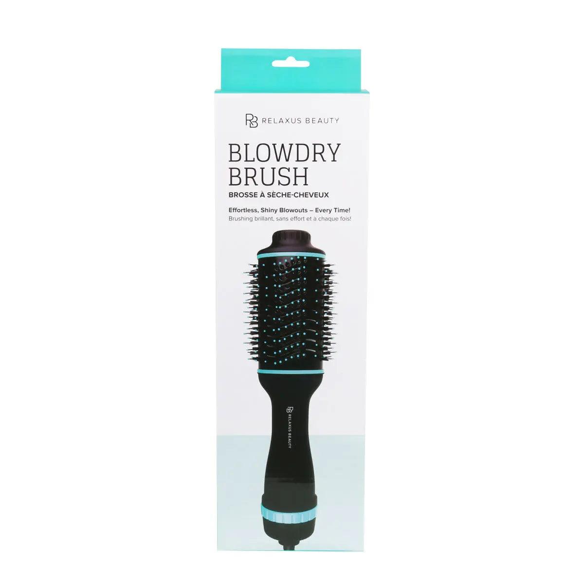 Relaxus Beauty Blowdry Brush packaging showcasing a lightweight, versatile hair dryer brush for effortless styling at home.
