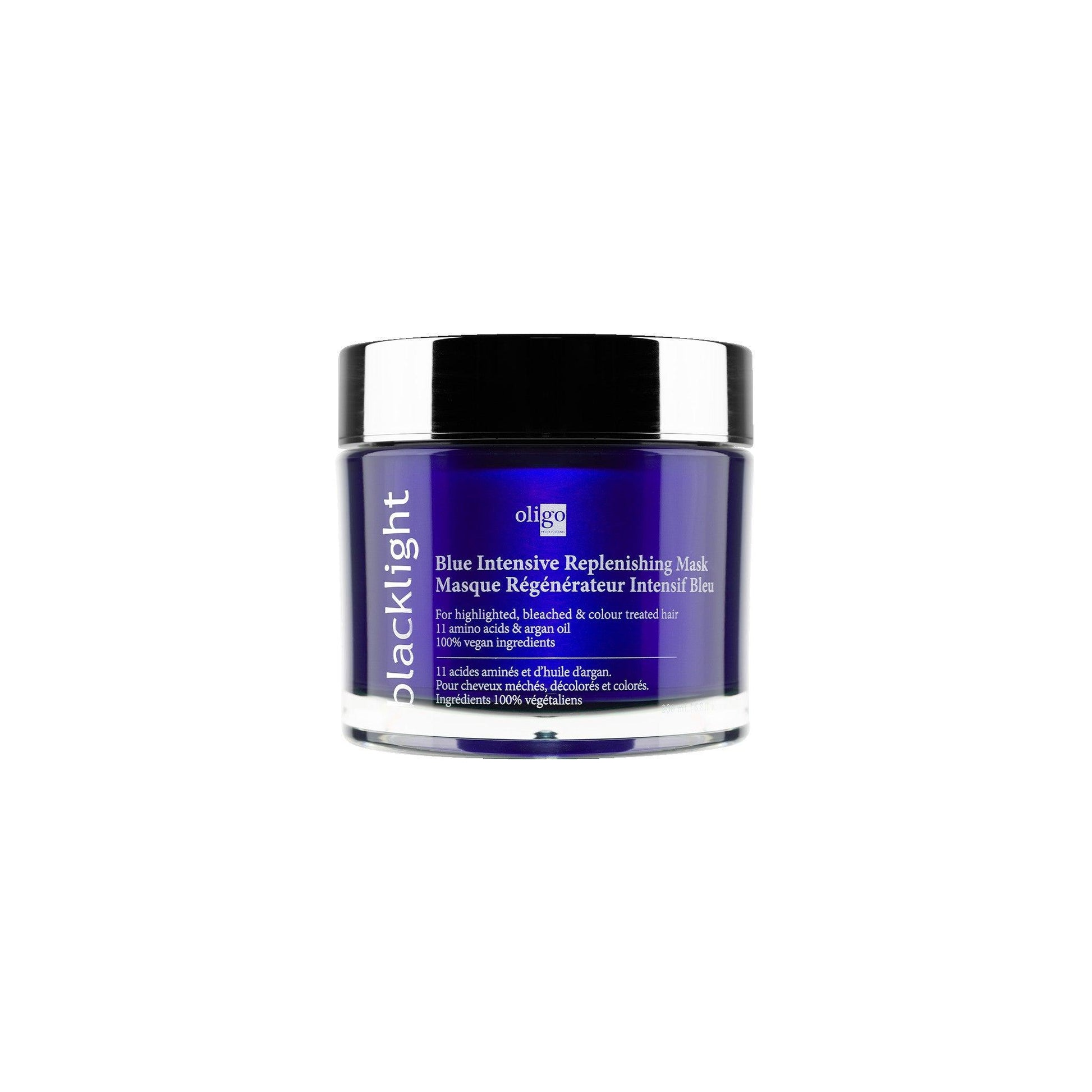 Blue Intensive Replenishing Mask by Blacklight in a jar, enriched with amino acids and argan oil for vibrant, hydrated hair.