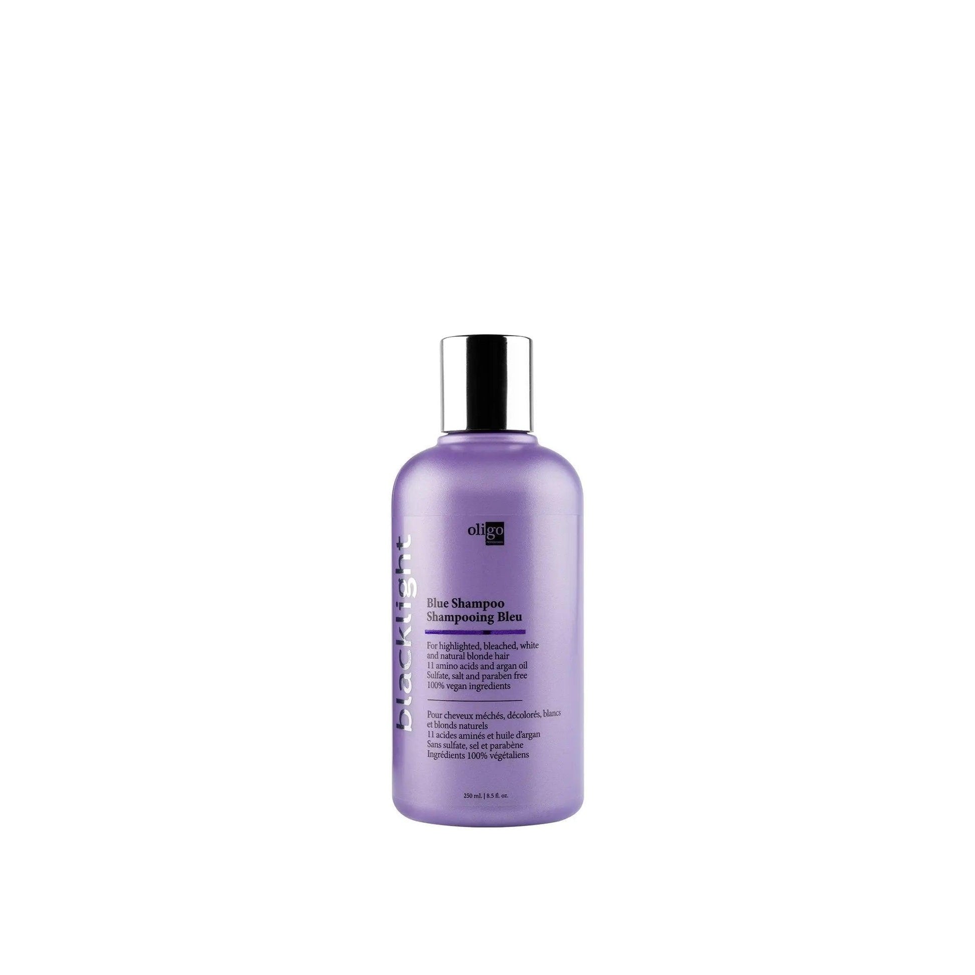 Blacklight’s Blue Shampoo bottle for neutralizing brassiness in blonde and highlighted hair with argan oil.