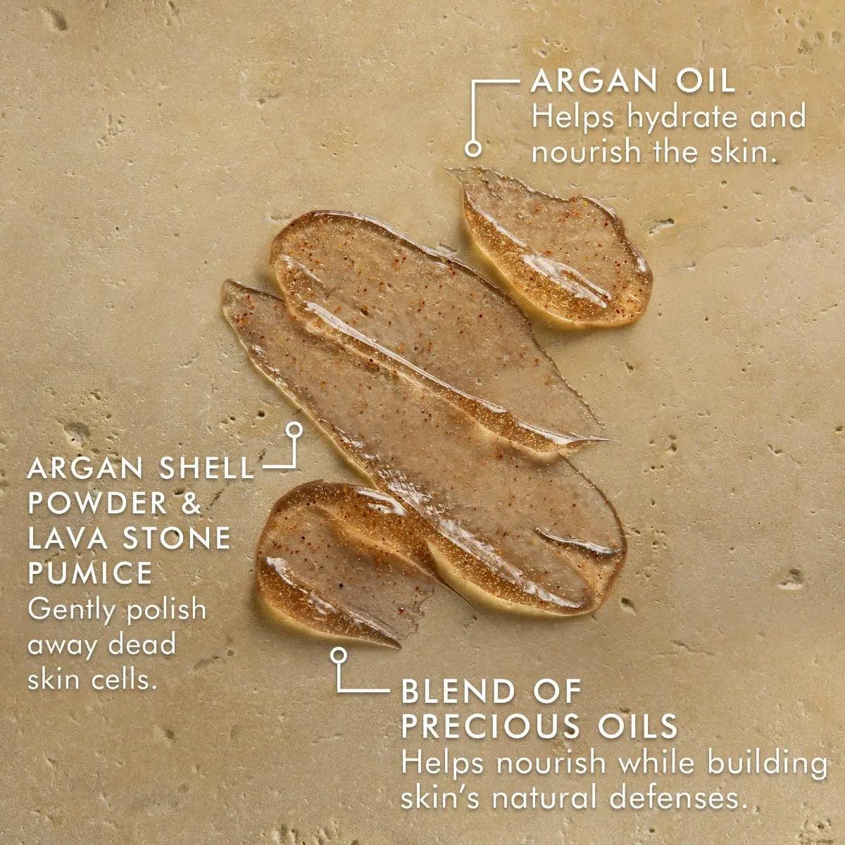 Moroccanoil Body Polishing Scrub original ingredients: argan oil, scrub blend of argan shell powder and lava stone pumice.