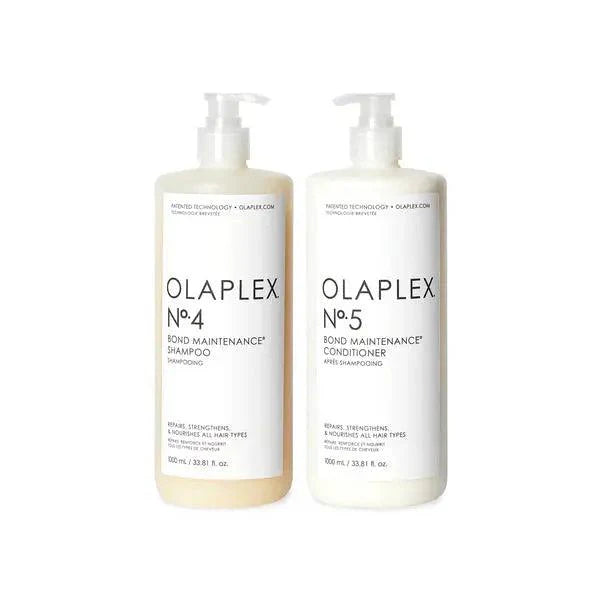 Olaplex No.4 Bond Maintenance Shampoo and No.5 Conditioner set for healthy, shiny hair repair and protection.