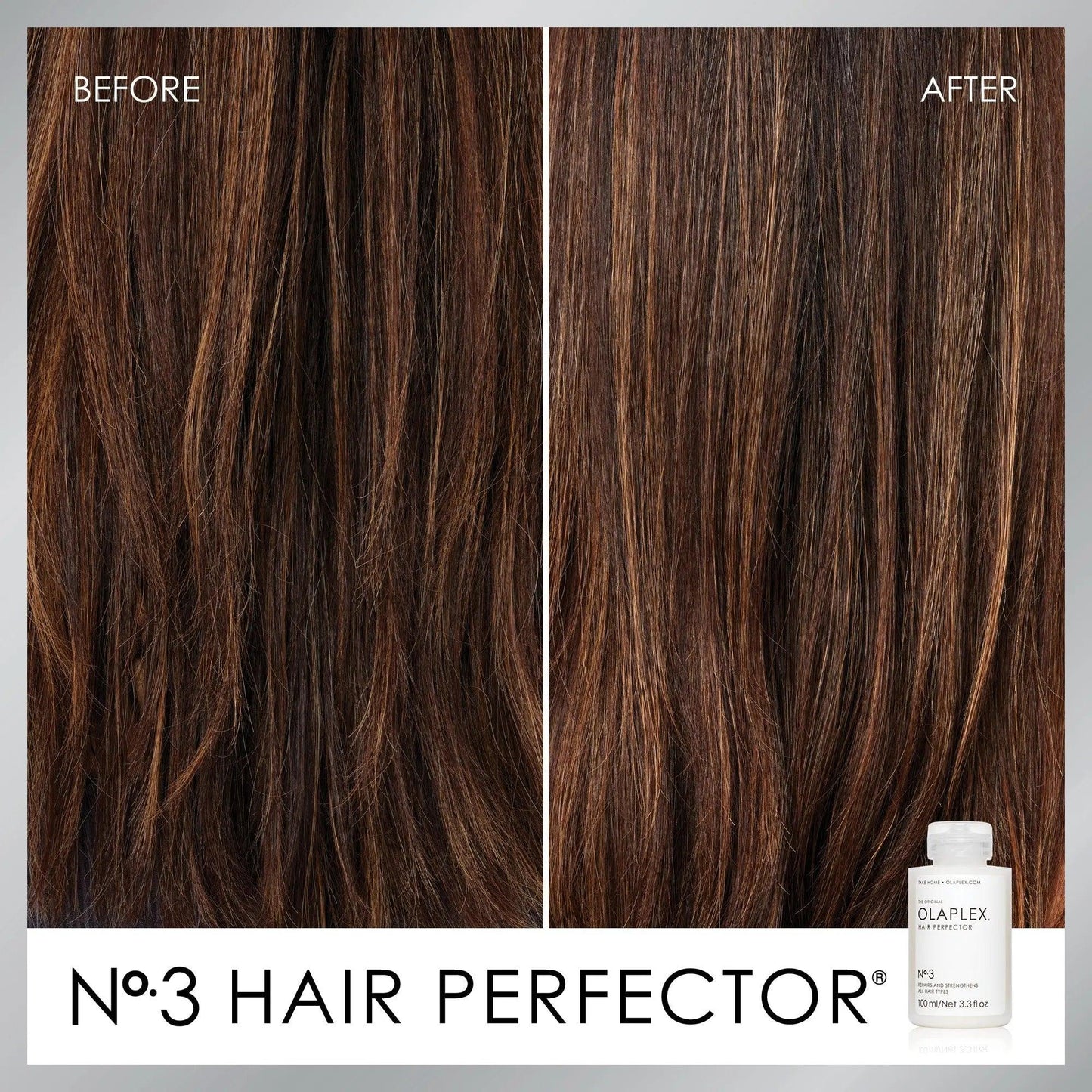 Before and after results of OLAPLEX No.3 Hair Perfector showcasing improved hair strength and reduced breakage.