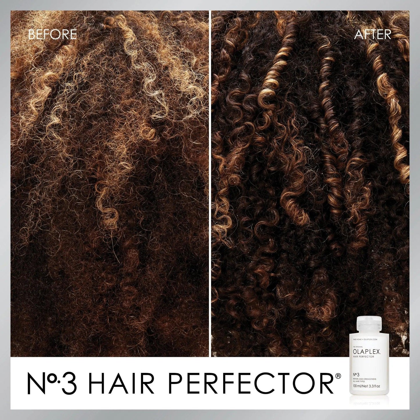 Before and after results of No.3 Hair Perfector, showcasing improved curl definition and hair strength.