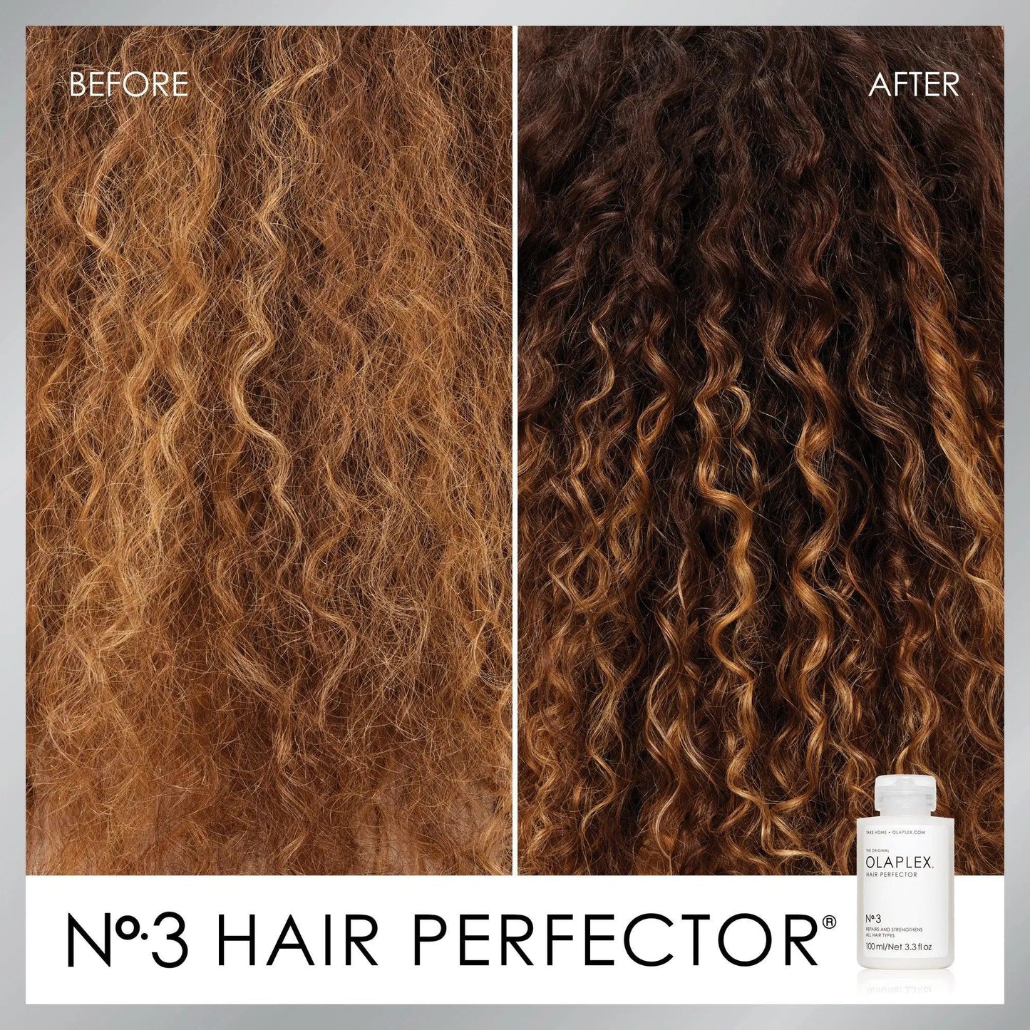 Before and after transformation using No.3 Hair Perfector for stronger, healthier curls. OLAPLEX bonding treatment.
