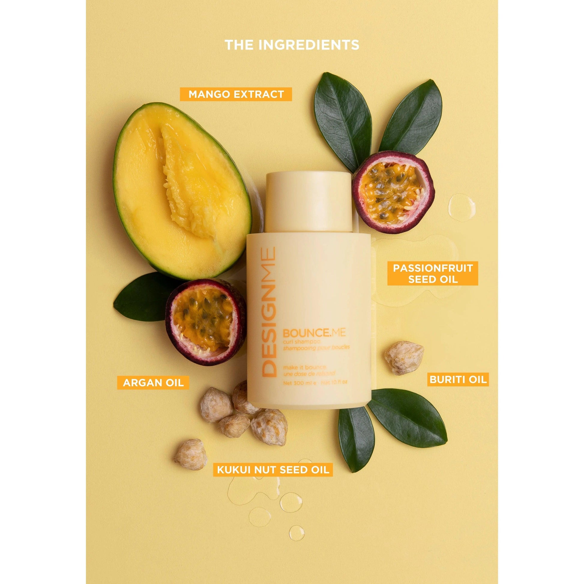 Hair product with natural ingredients like mango extract, passionfruit seed oil, argan oil, kukui nut seed oil, and buriti oil.