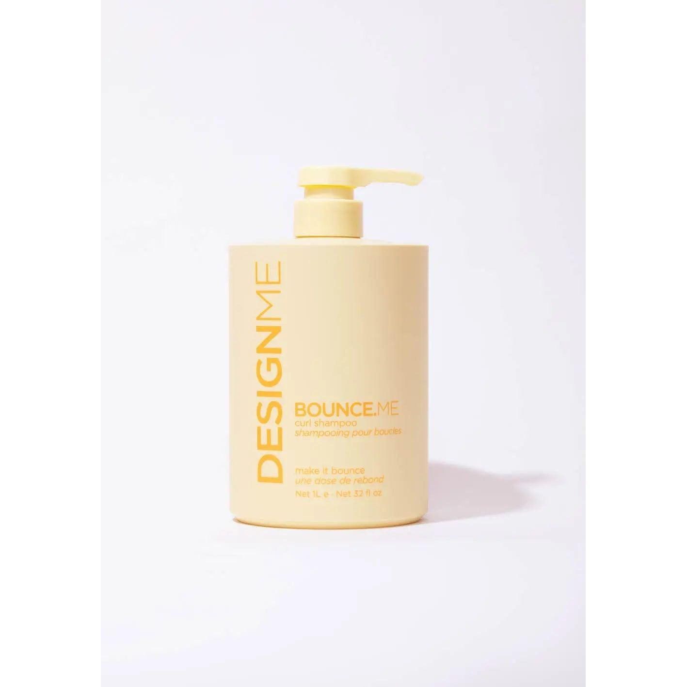 Design Me Bounce Me curl shampoo for bouncy curls in a pump bottle on a white background.