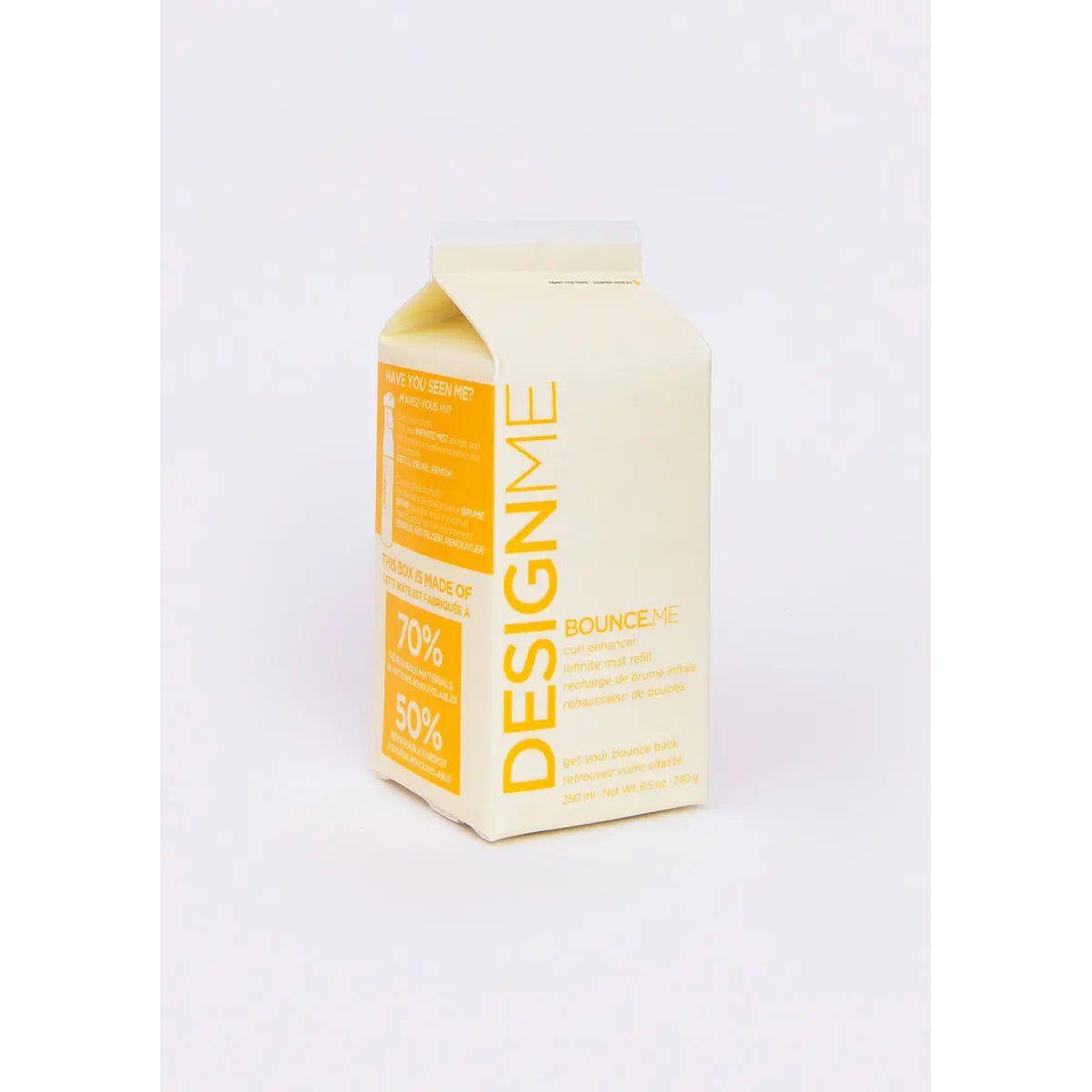 DesignMe Bounce Me hair product packaging with yellow and white carton design.