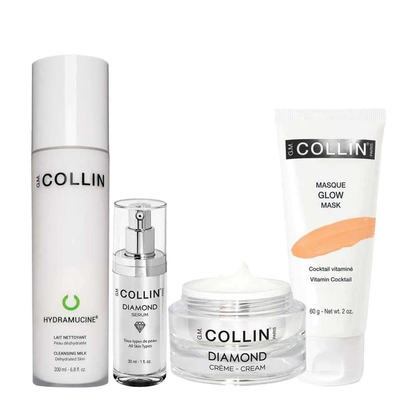 Brightening bundle for dry skin including Hydramucine Cleansing Milk, Diamond Serum, Diamond Cream, and Glow Mask.