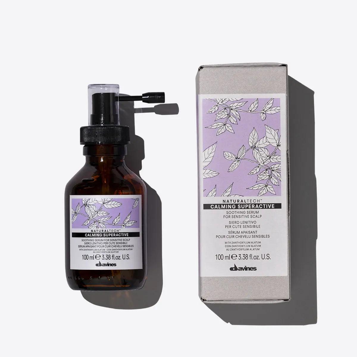 Calming Superactive serum by Davines in brown bottle with purple packaging, designed for soothing sensitive skin.