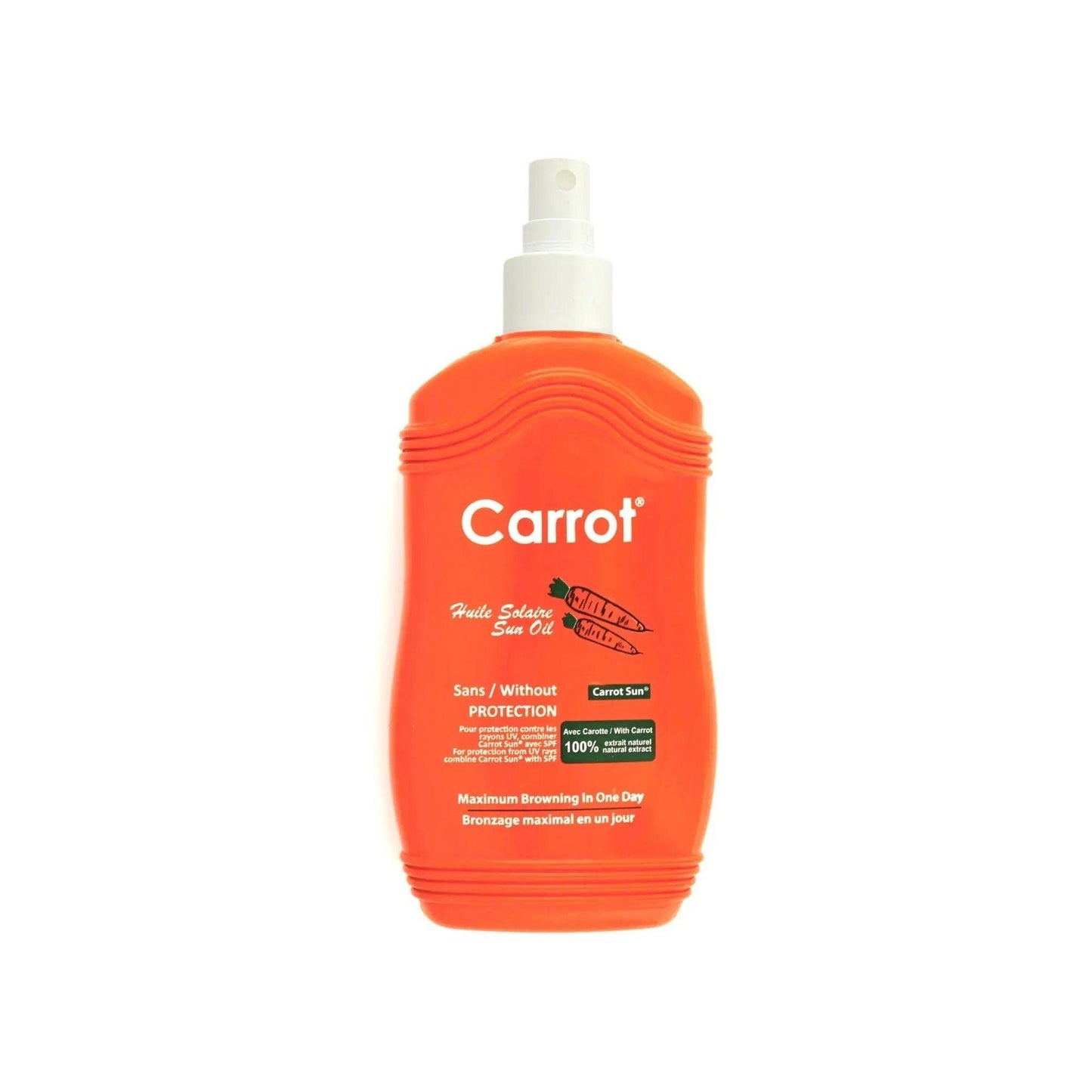 Carrot Spray Oil 200ml bottle, designed for rapid tanning and enhancing natural sun-kissed glow.