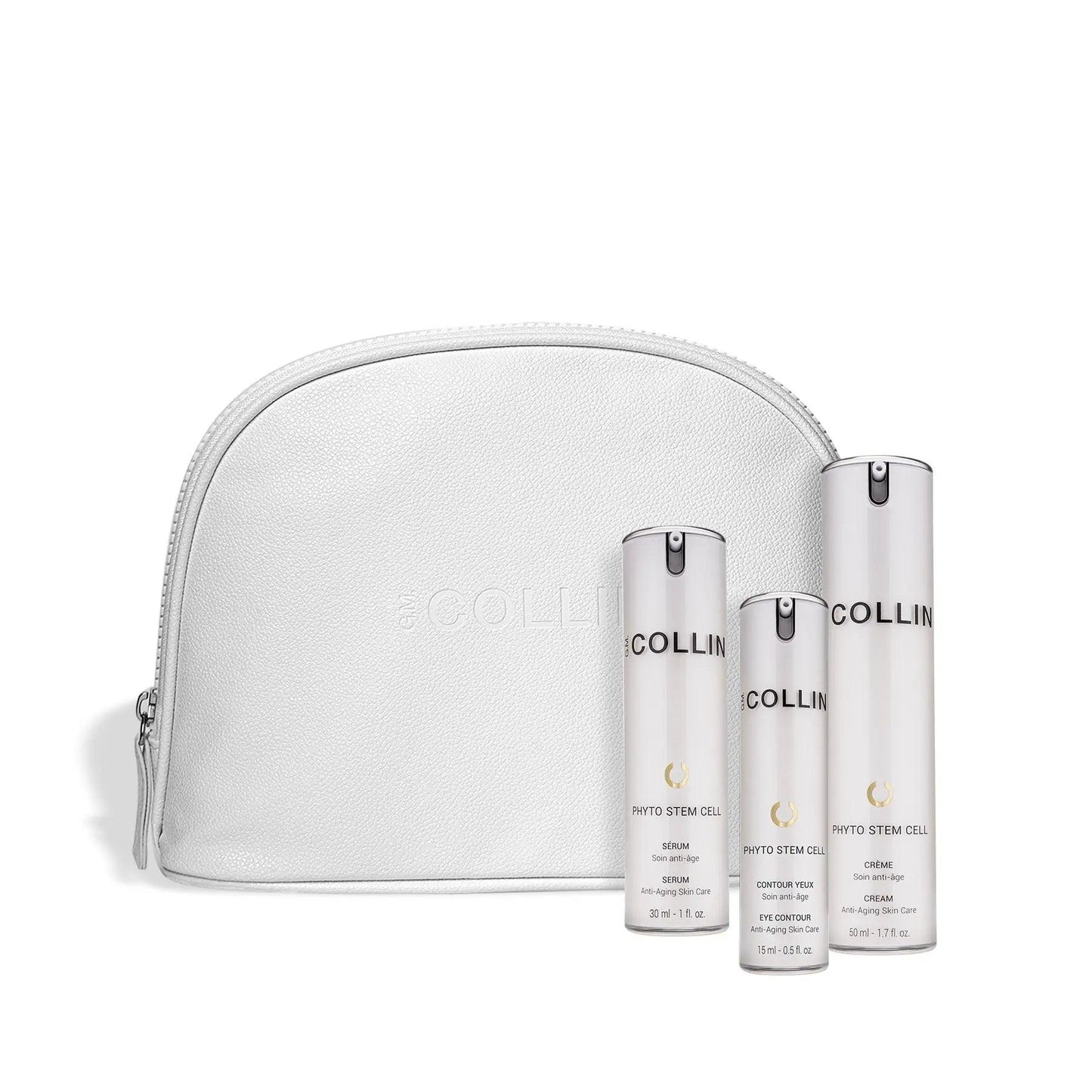 aCOLLIN Cell-ebration Time anti-aging set with serums and cream in a vegan leather white pouch.