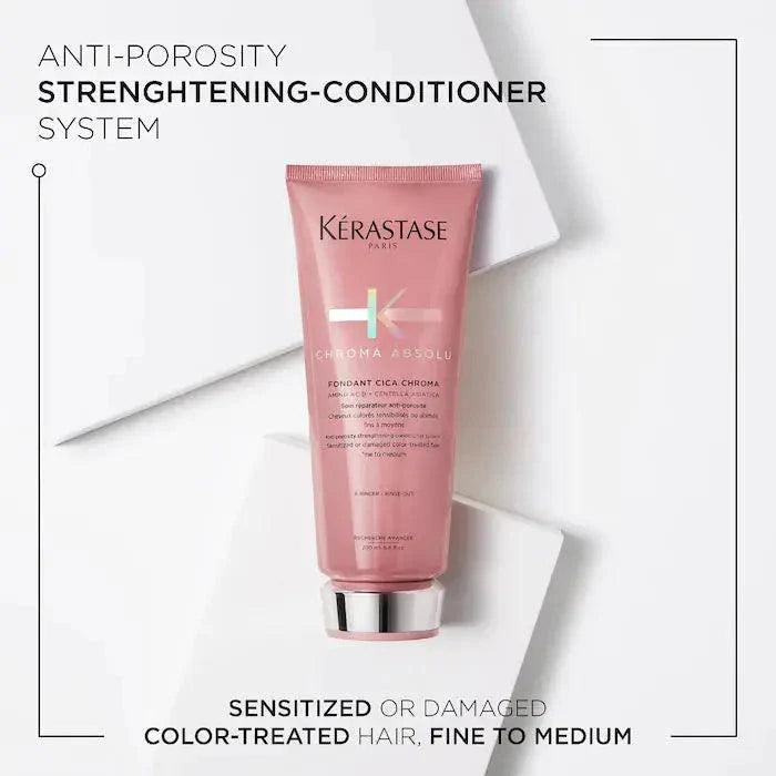 Kérastase Chroma Absolu Strengthening Conditioner for sensitized or damaged color-treated hair, anti-porosity system, fine to medium hair.