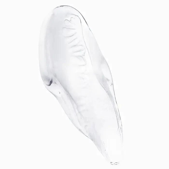 Transparent sculptural glass art piece with fluid, organic shape and intricate details against a white background.