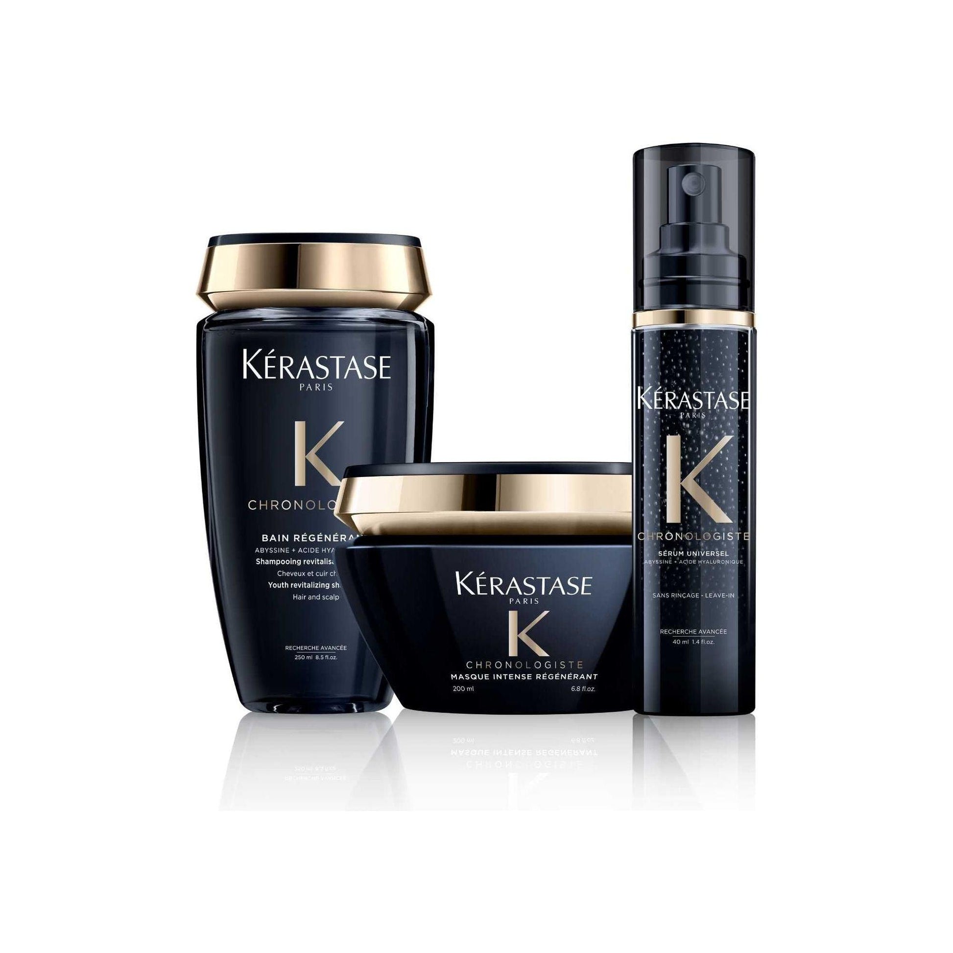 Kérastase Chronologiste luxury hair care set, including Bain Régénérant shampoo and Masque Intense Régénérant.