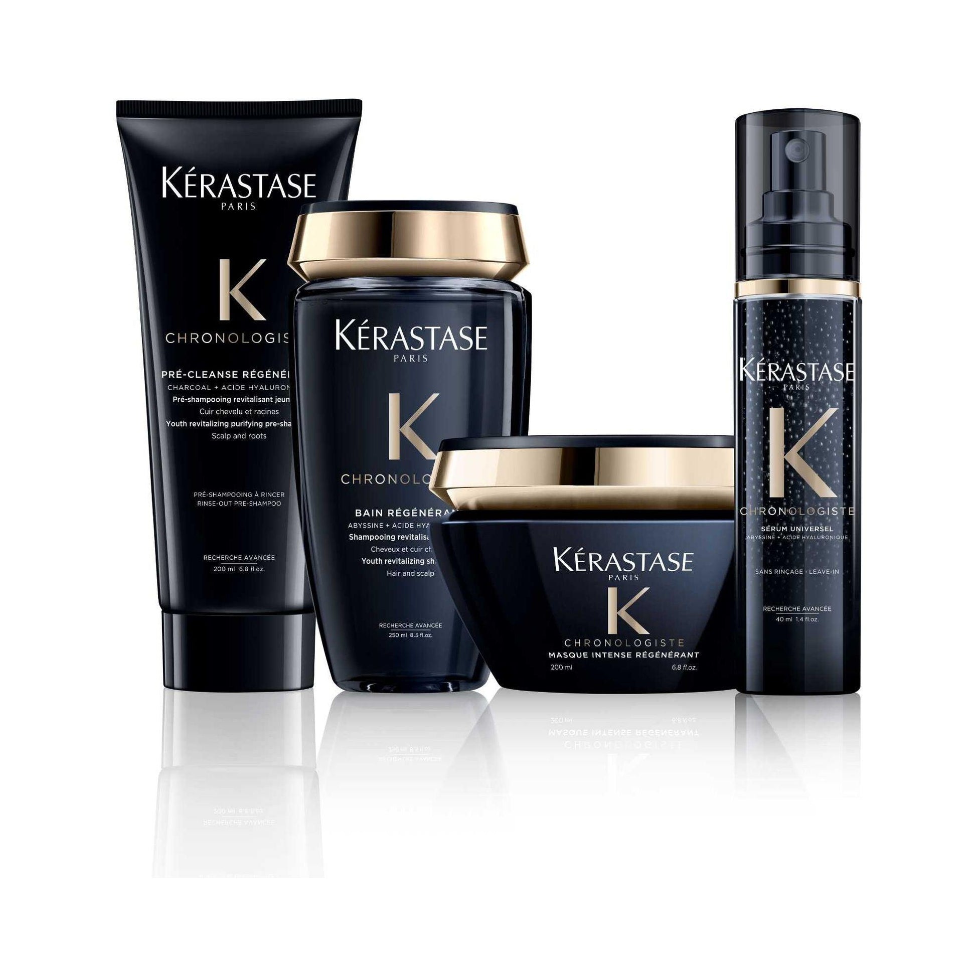 Kérastase Chronologiste luxury hair care set featuring Pré-Cleanse Régénérant, Bain Régénérant, and Masque unique.