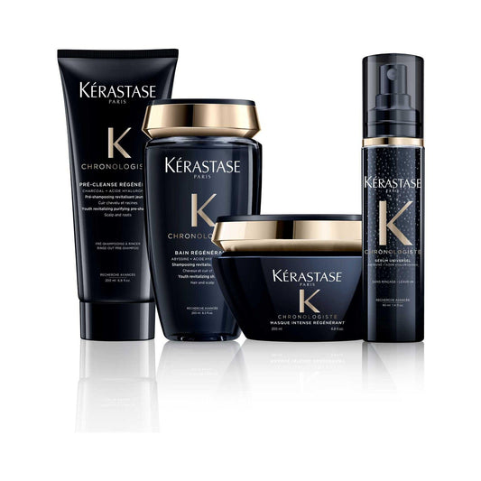 Kérastase Chronologiste luxury hair care set featuring Pré-Cleanse Régénérant, Bain Régénérant, and Masque unique.