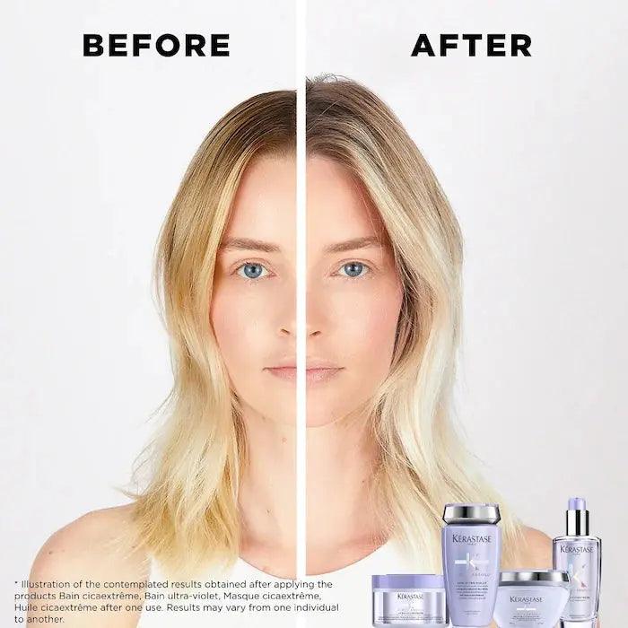 Before and after image of a woman using hair care products showing the transformation with Kerastase hair care products.