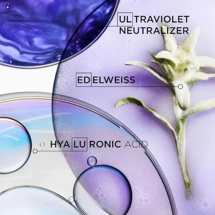 Close-up of skincare ingredients including ultraviolet neutralizer, Edelweiss flower, and hyaluronic acid in a scientific illustration.